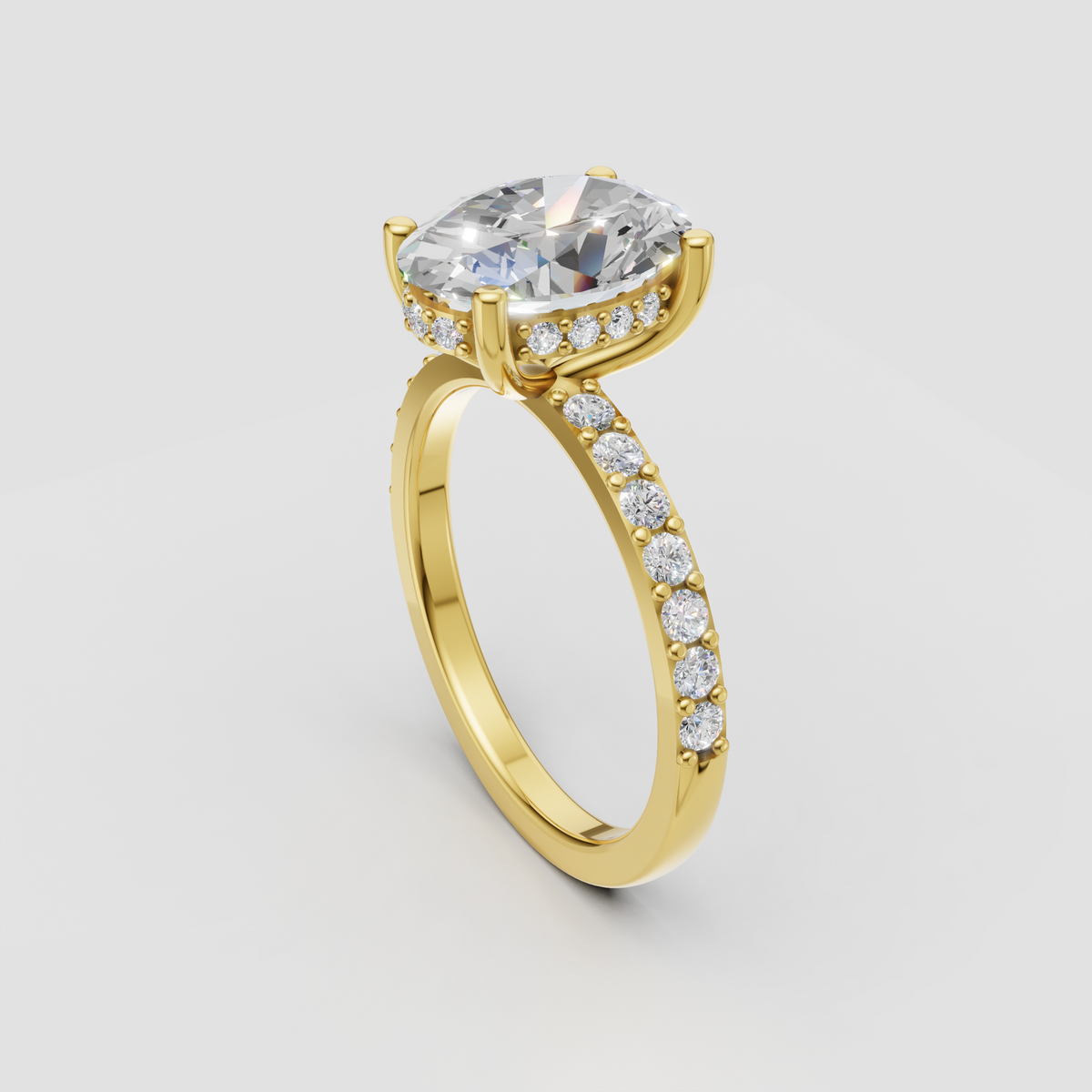 Oval diamond engagement ring with concealed halo and four prongs