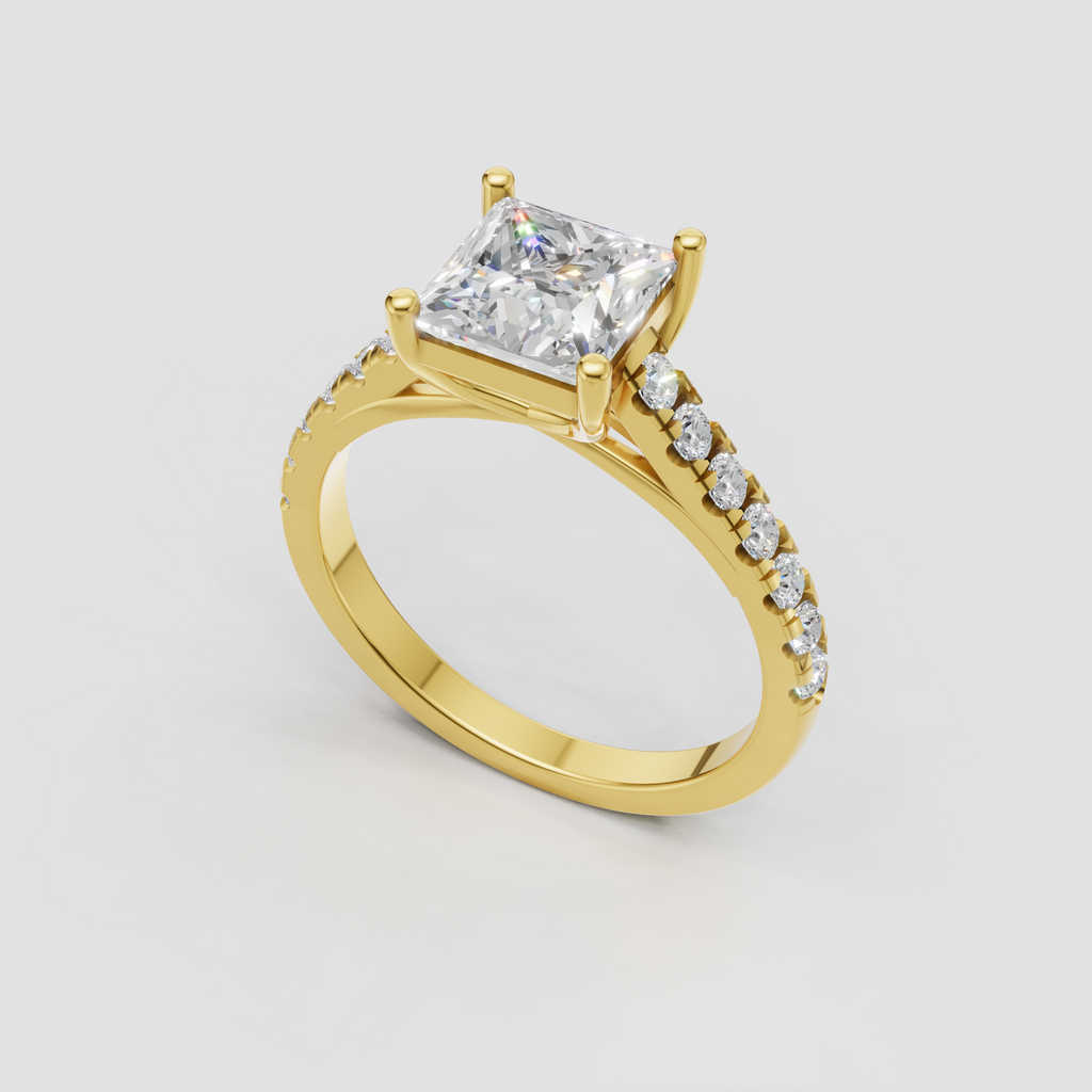 Princess cut diamond ring with polished yellow gold band