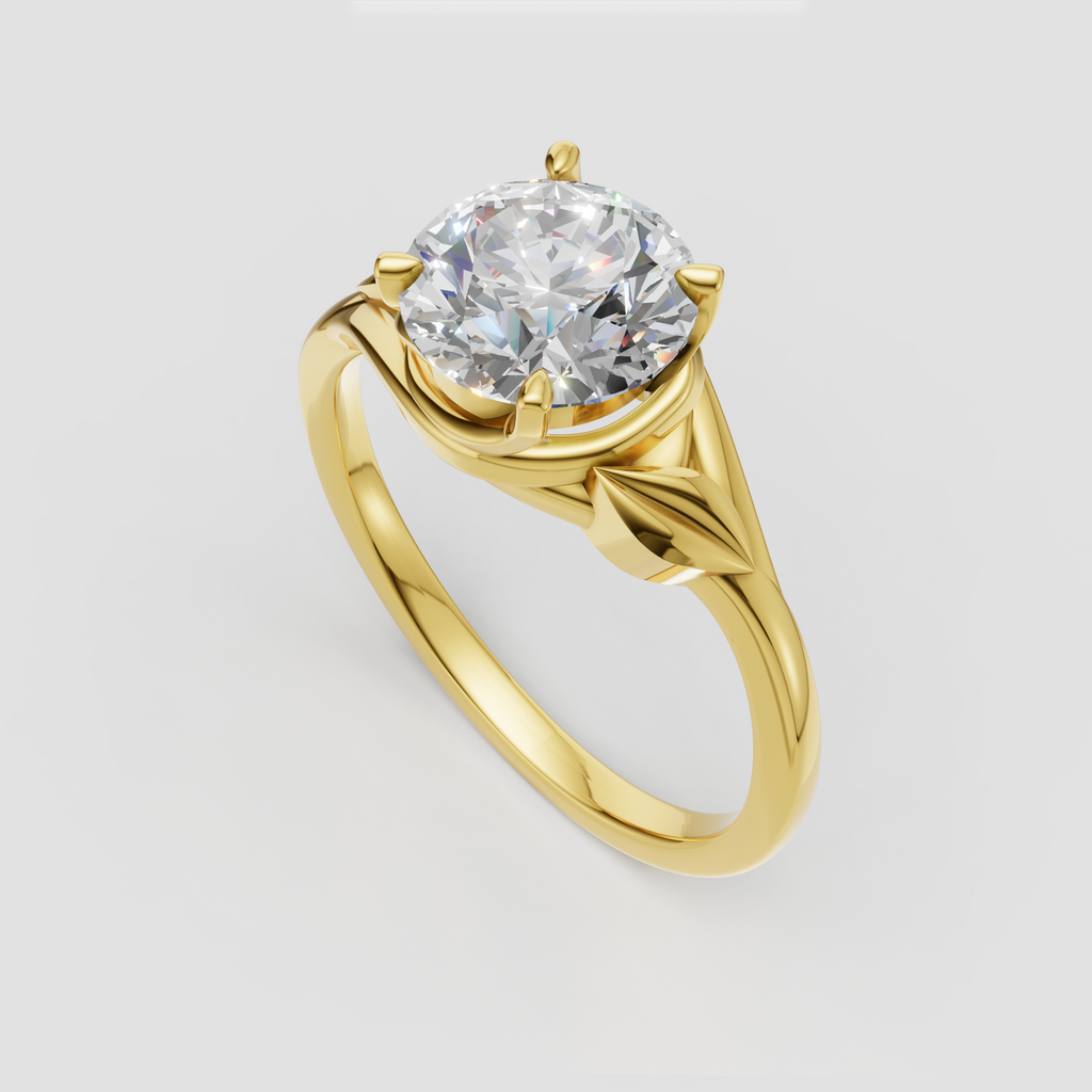 Round diamond engagement ring featuring sculpted leaf inspired band details