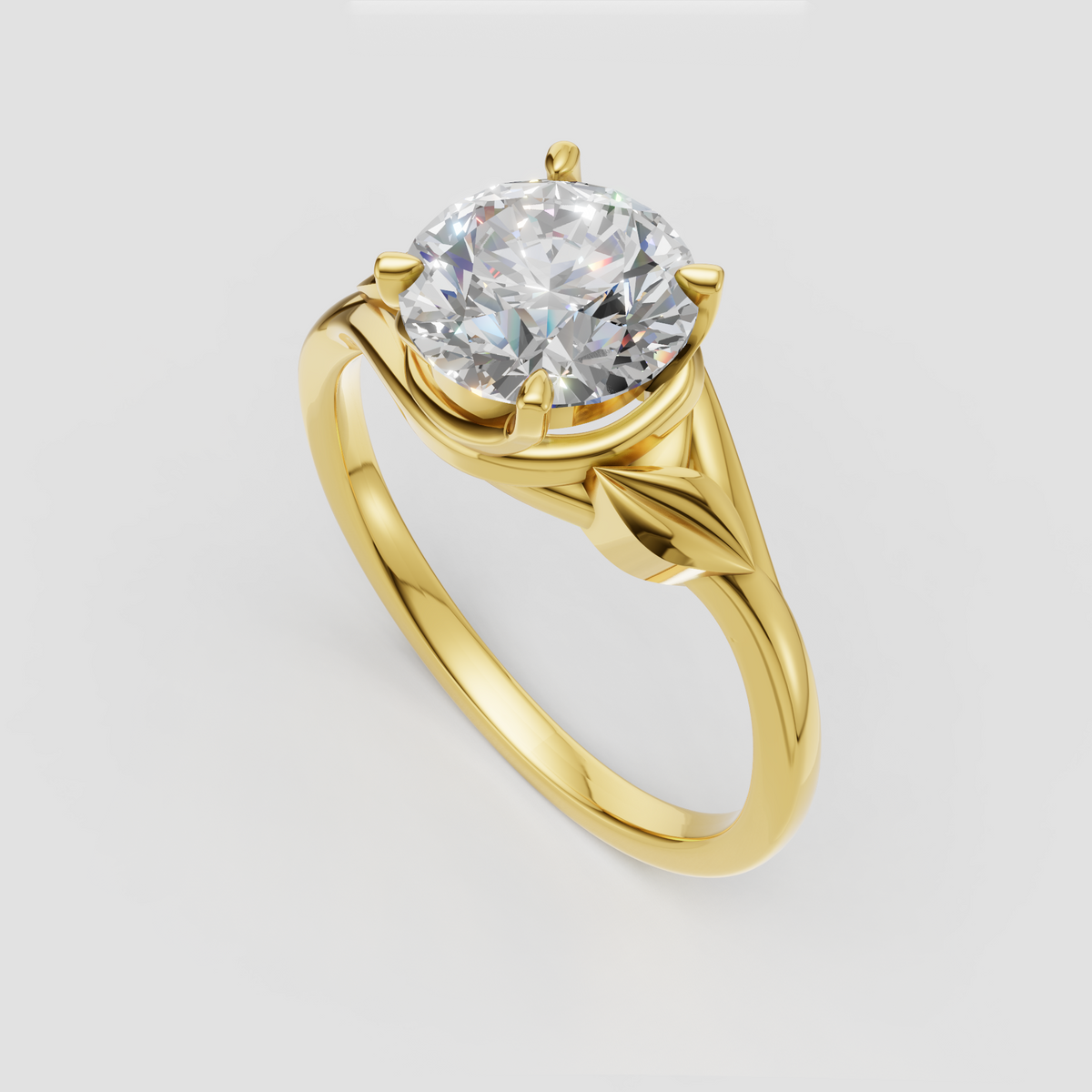 Round diamond engagement ring featuring sculpted leaf inspired band details