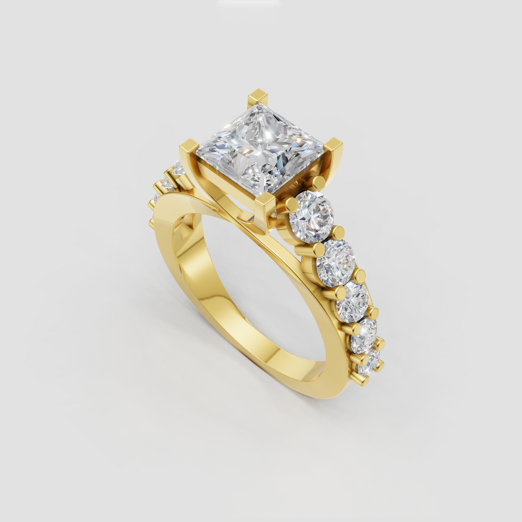 Princess cut diamond ring with four prong setting and split shank band