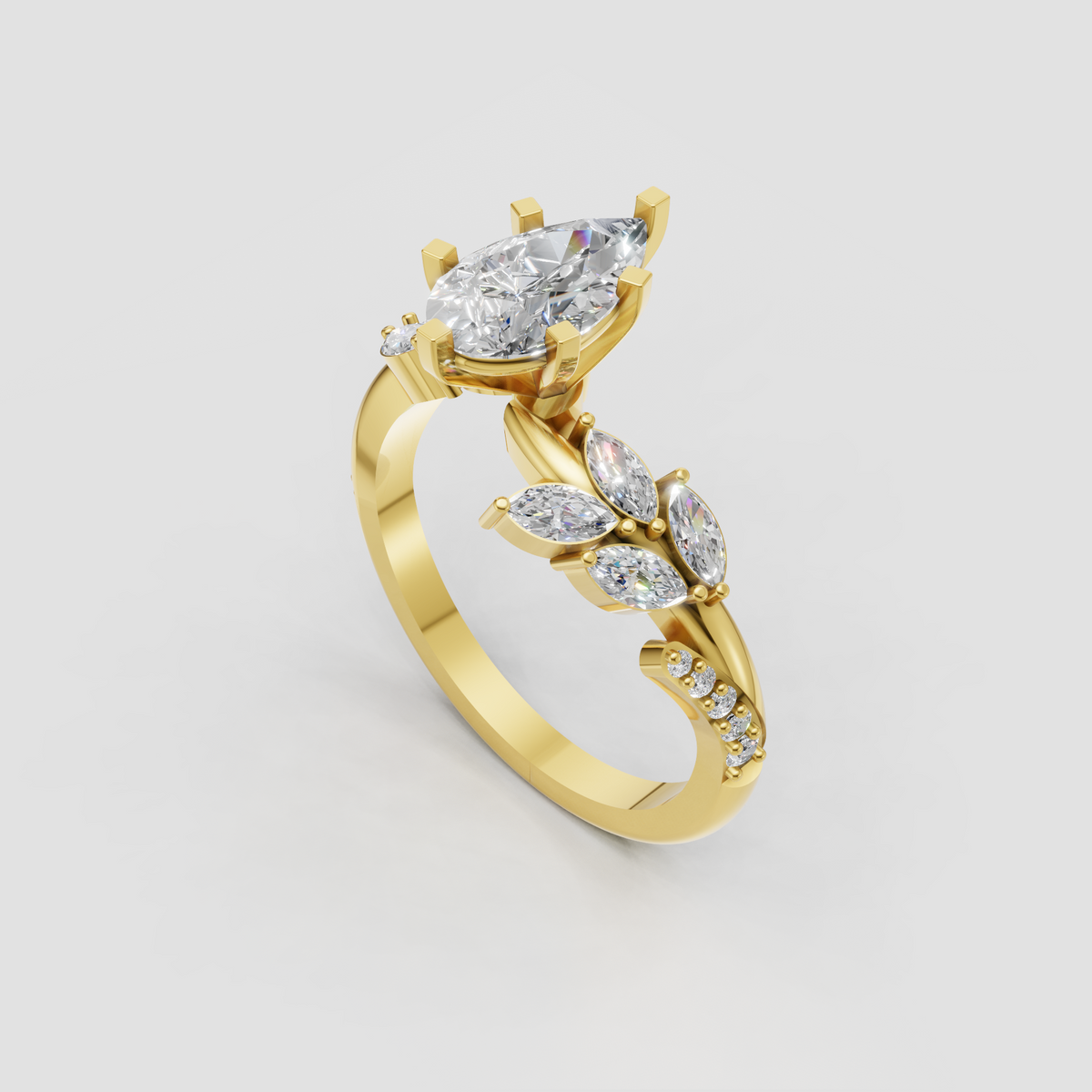 Pear shaped diamond ring with floral inspired gold setting