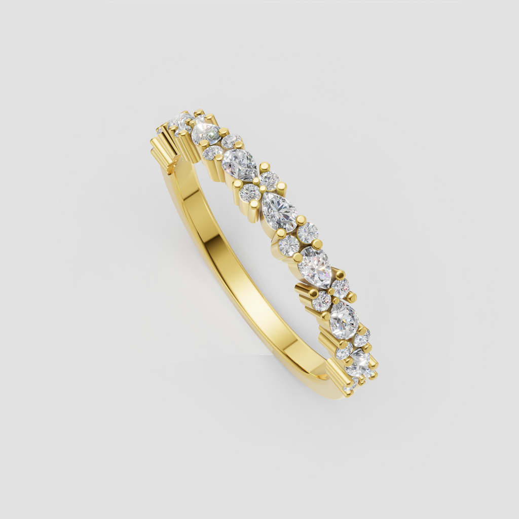 Floral cluster diamond wedding band featuring round and marquise stones