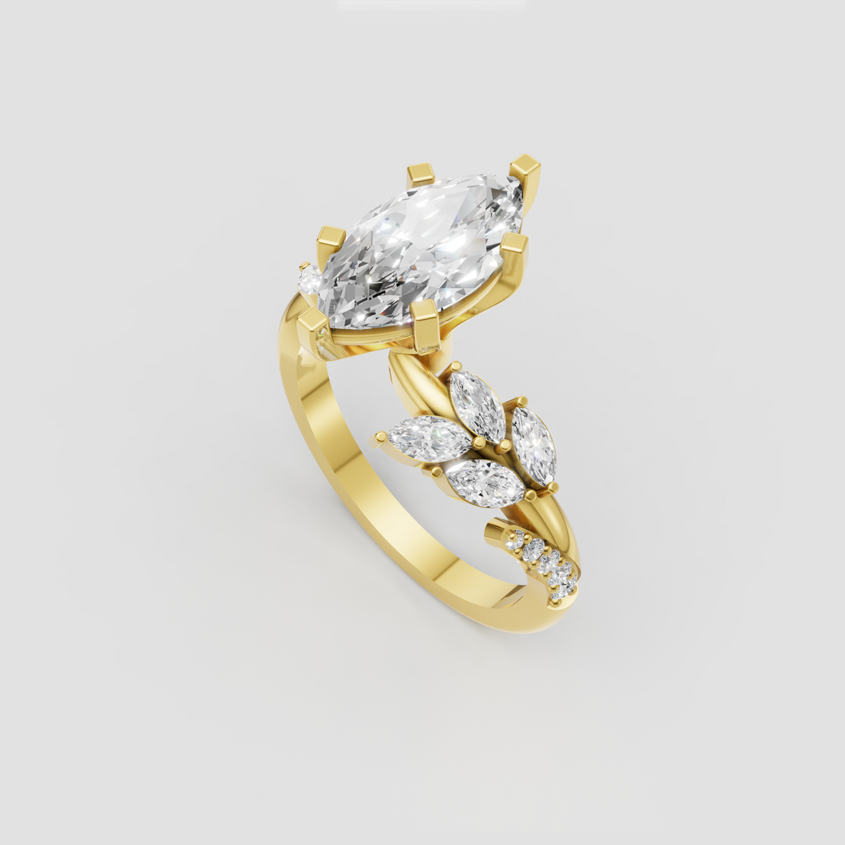Marquise center stone engagement ring with botanical side stones