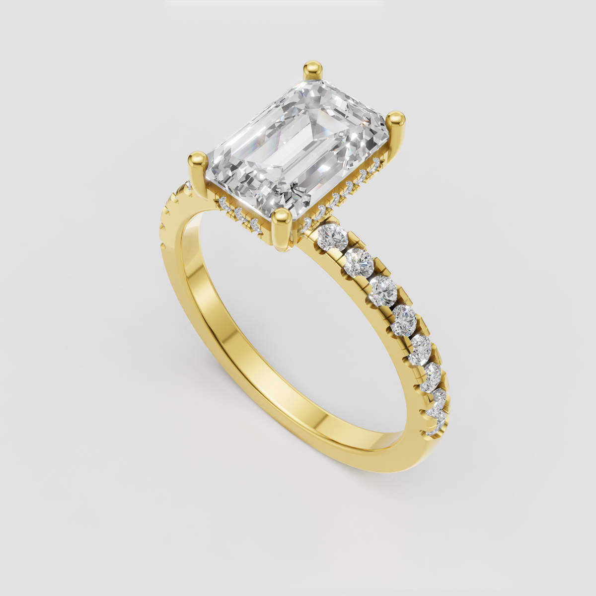 Emerald cut diamond engagement ring with hidden halo