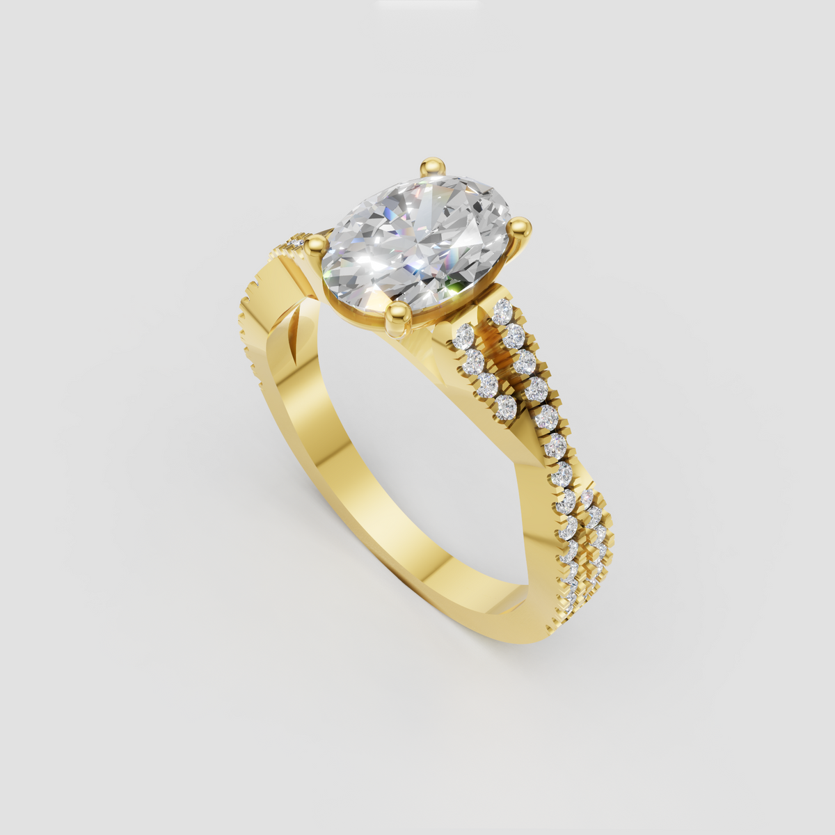 Oval diamond ring with four prong yellow gold setting