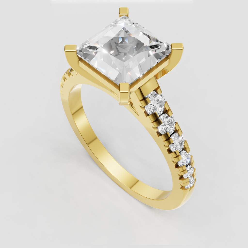 Radiant cut diamond engagement ring with sparkling round shoulder stones