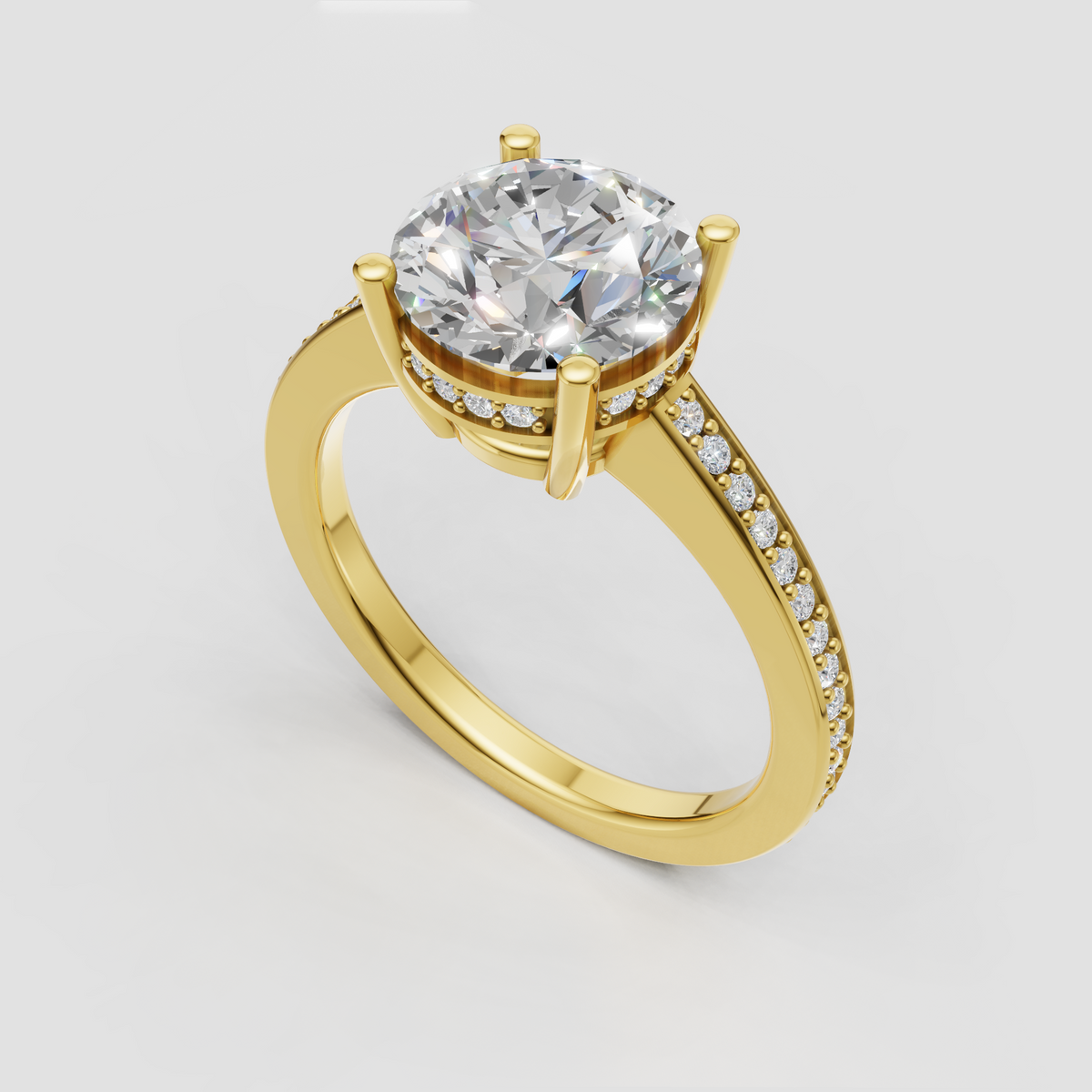 Elegant round diamond engagement ring featuring a hidden halo and slim pavé band.