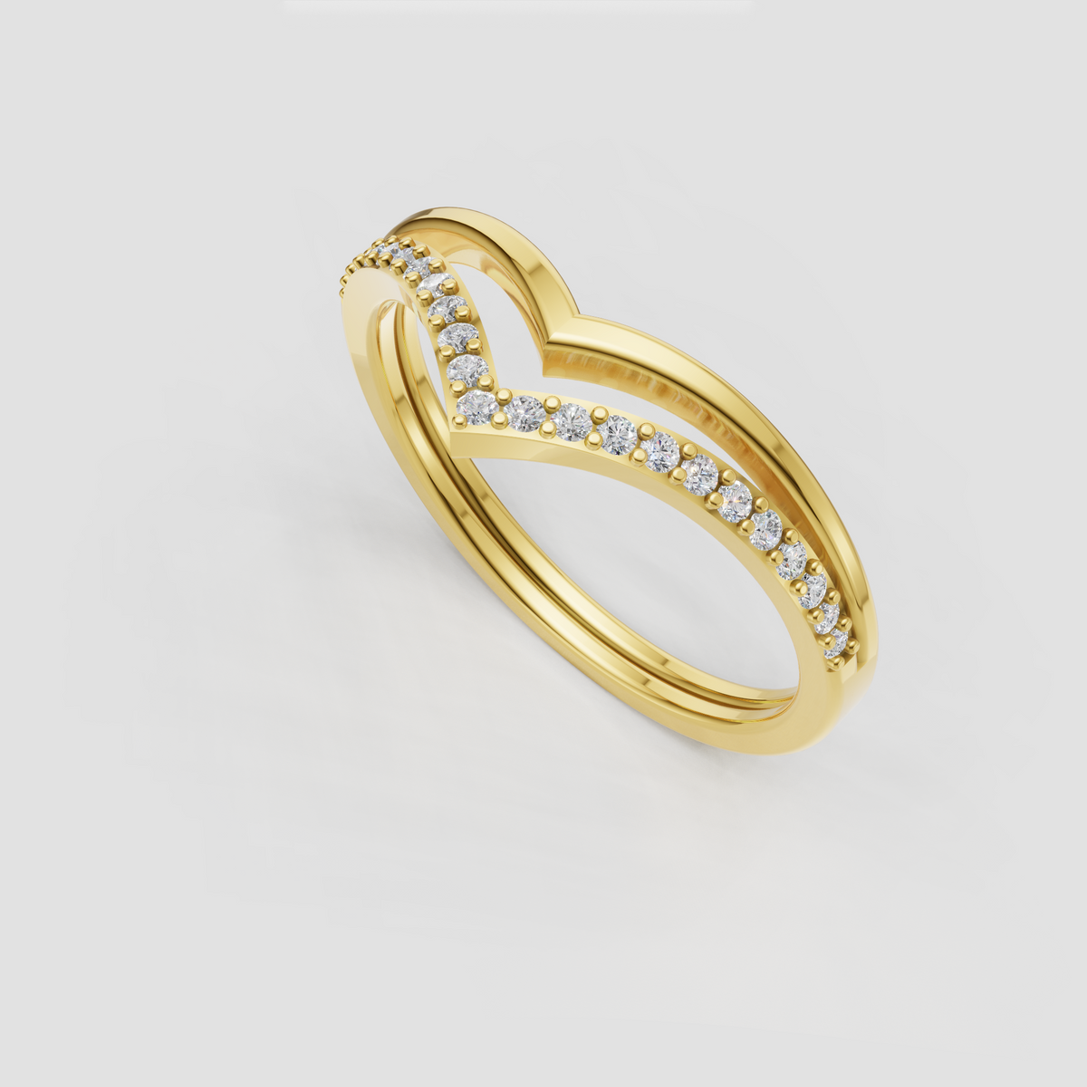 Round diamond V shaped wedding band in polished yellow gold