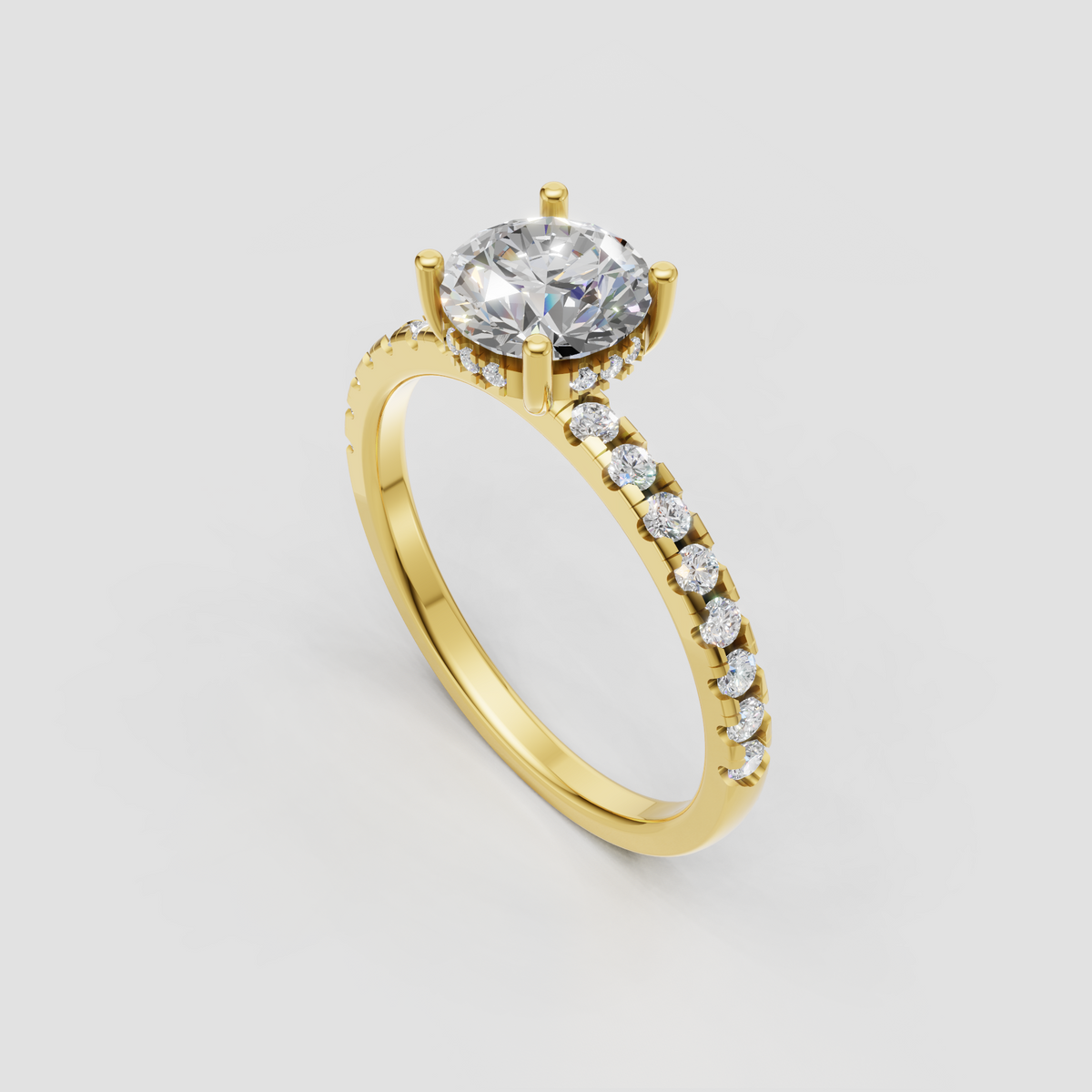 Round diamond engagement ring with split shank and side stones