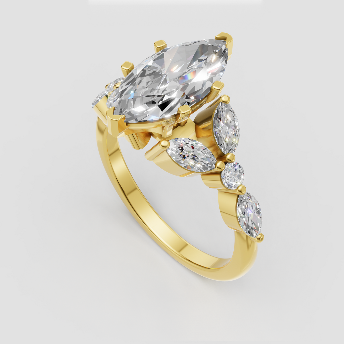 Marquise diamond engagement ring in polished yellow gold