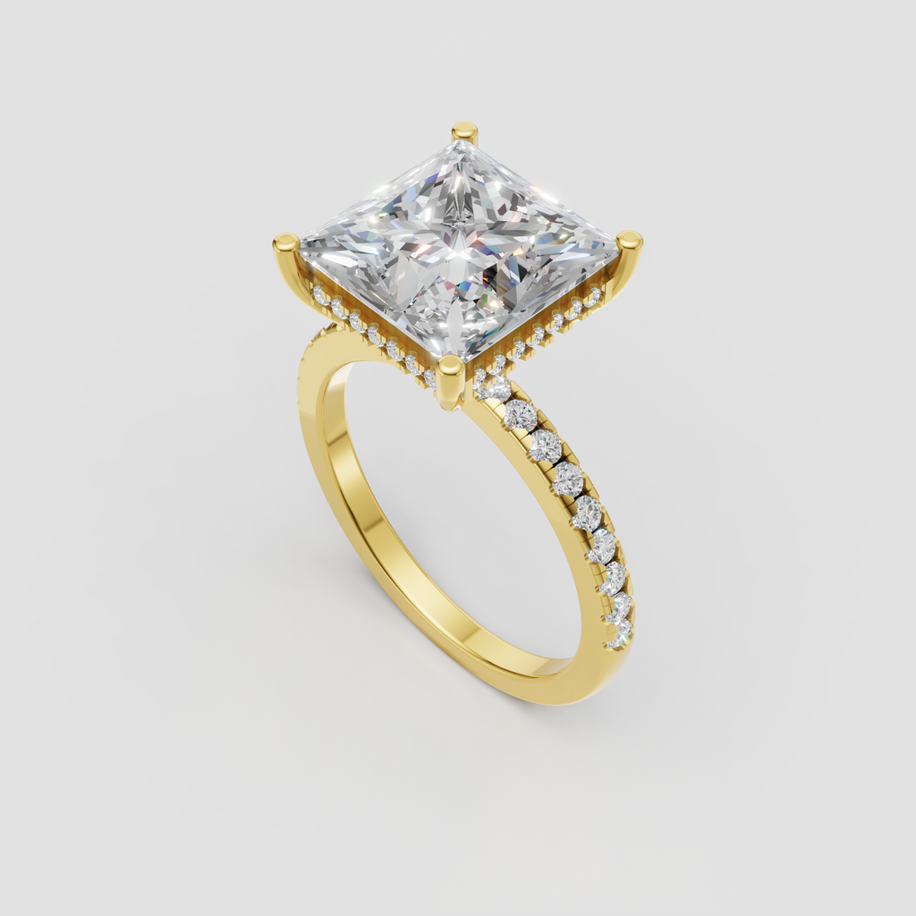 Four-prong princess diamond engagement ring featuring a hidden halo and cathedral setting.