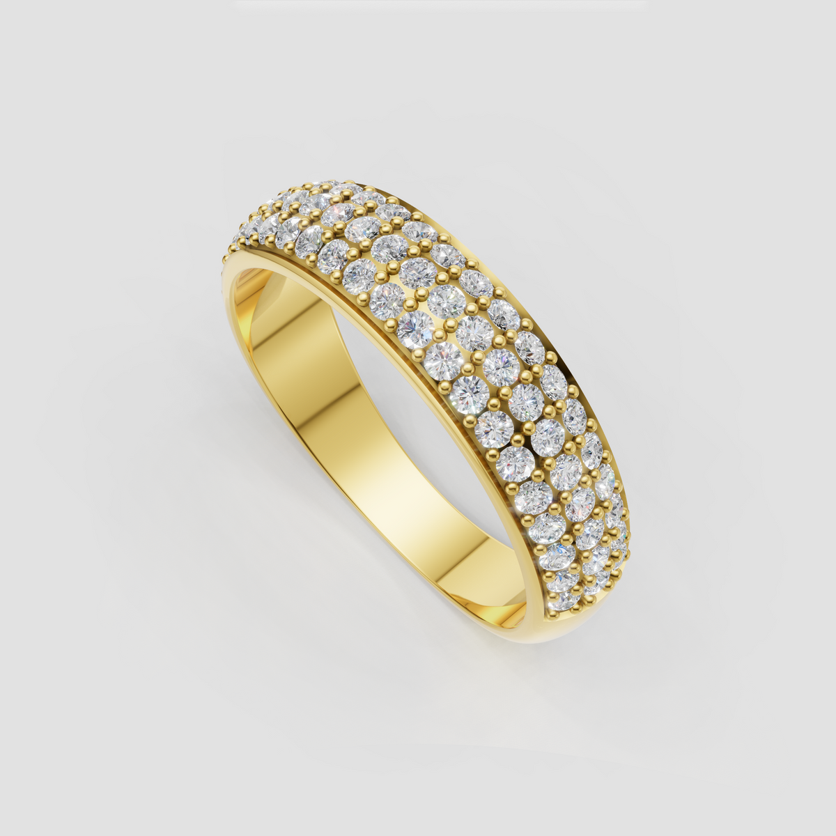 Wide round diamond wedding band with three rows of stones
