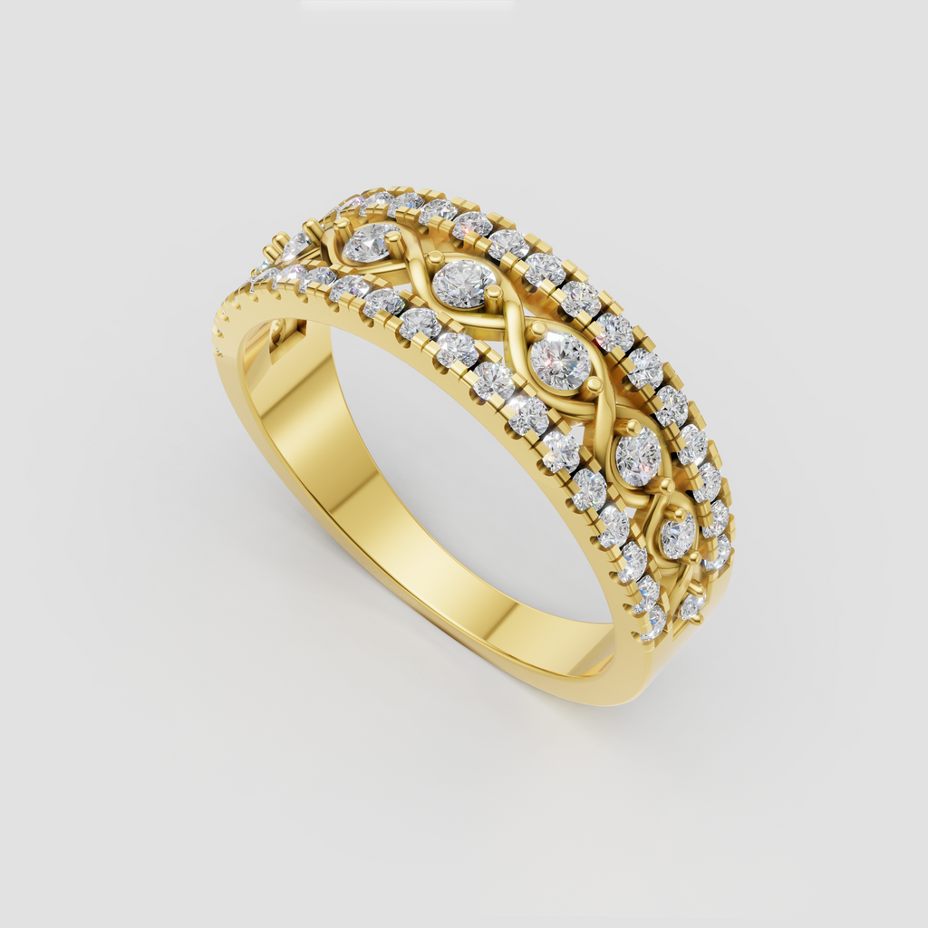 Yellow gold three row diamond band with intricate infinity motif
