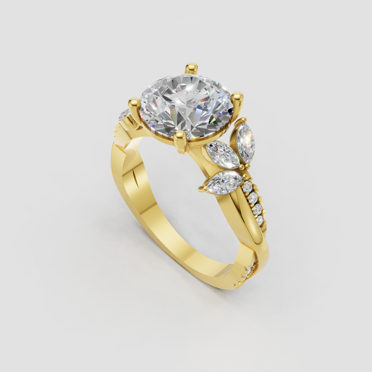 Elegant round diamond engagement ring with twisted pave shoulders