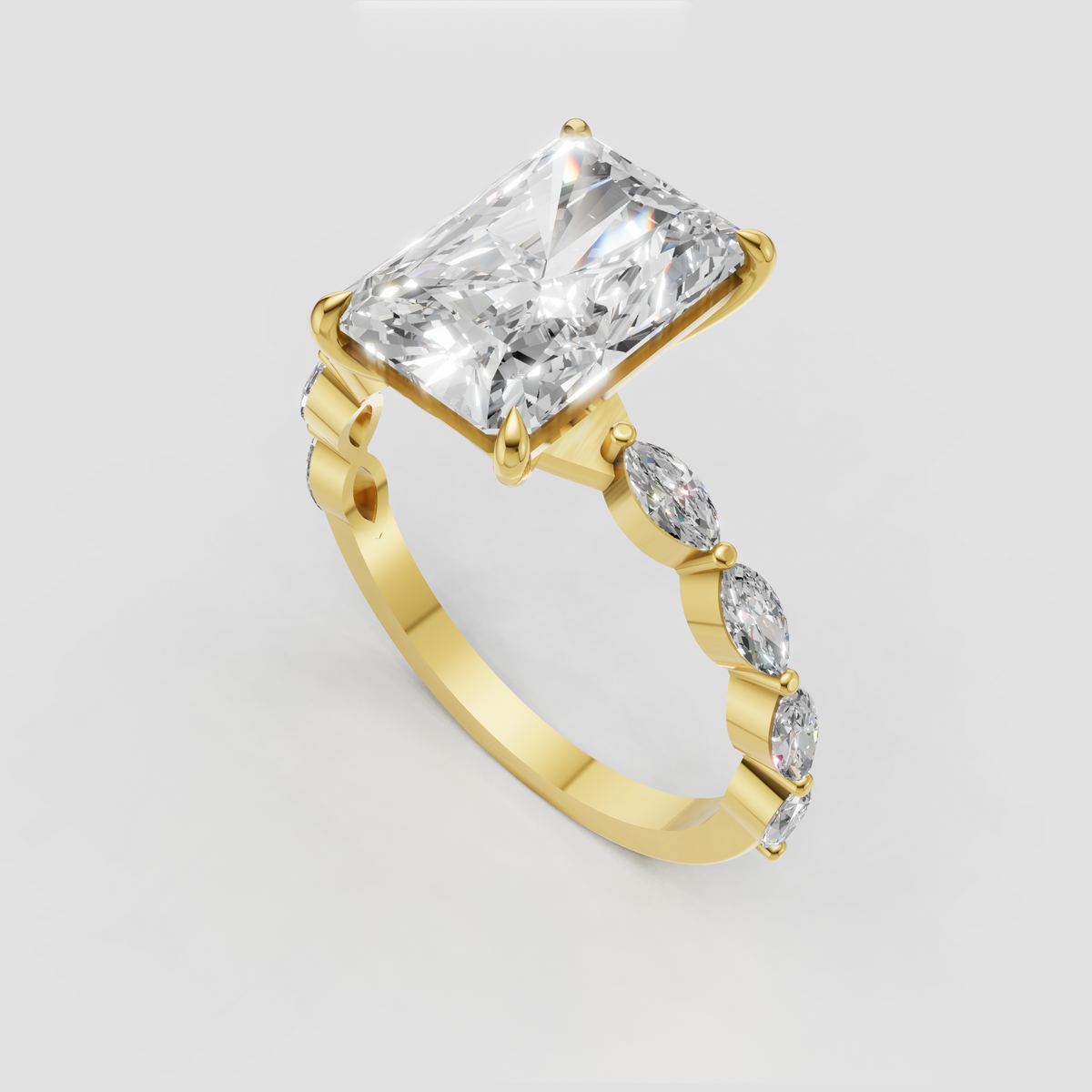 Radiant cut diamond ring in polished yellow gold