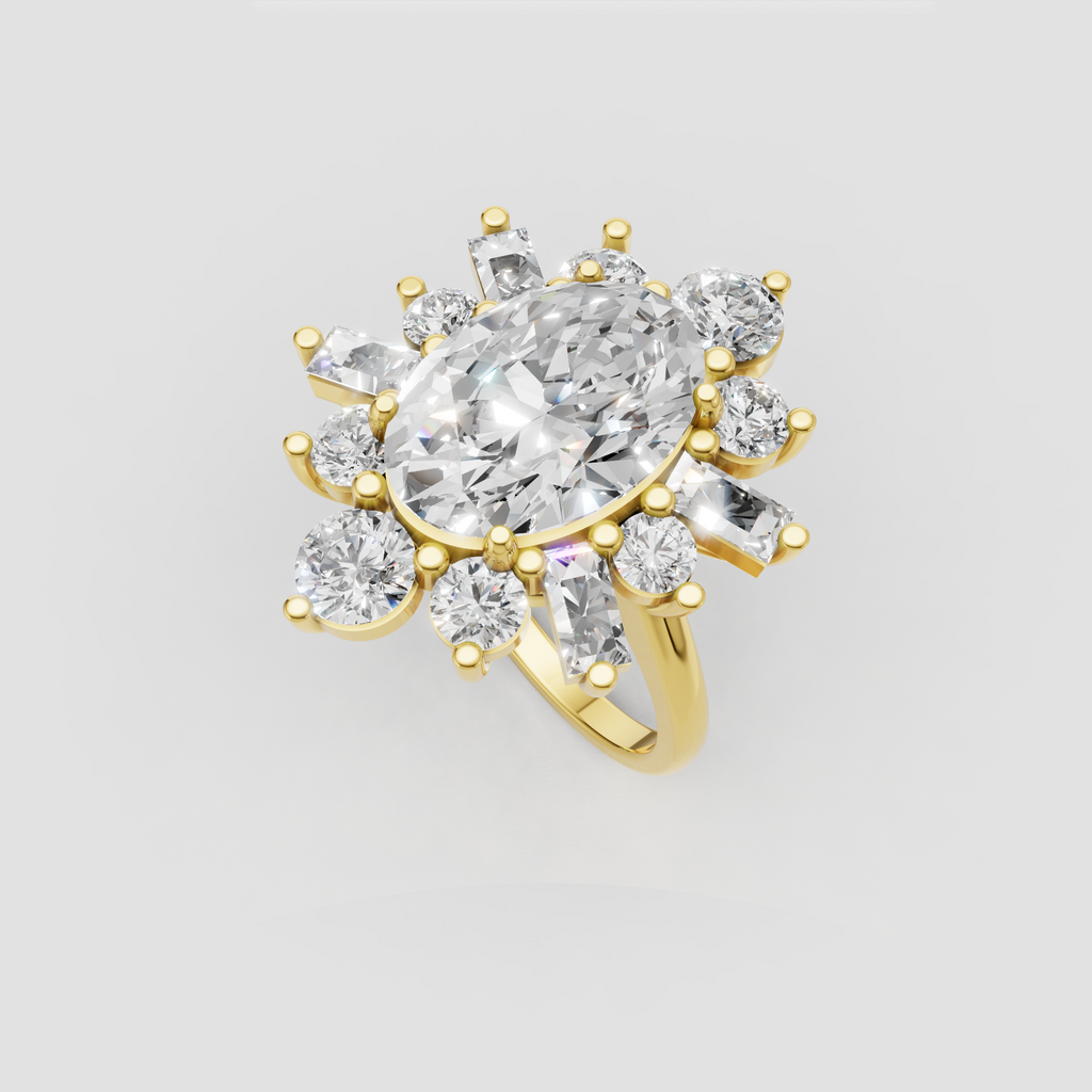 Oval diamond ring with floral cluster of round and baguette diamonds