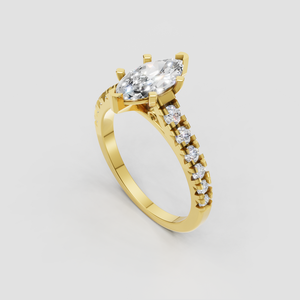Marquise center diamond engagement ring with shared-prong diamond band