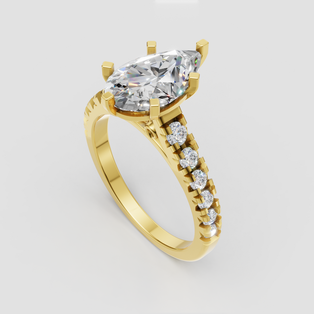 Elegant pear shaped diamond engagement ring featuring cathedral shoulders and sparkling pavé-set accent stones.