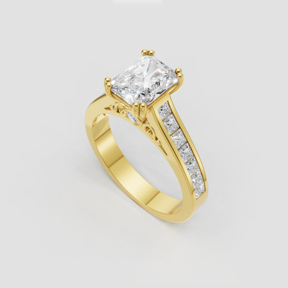 Yellow gold radiant diamond ring with channel set shoulders