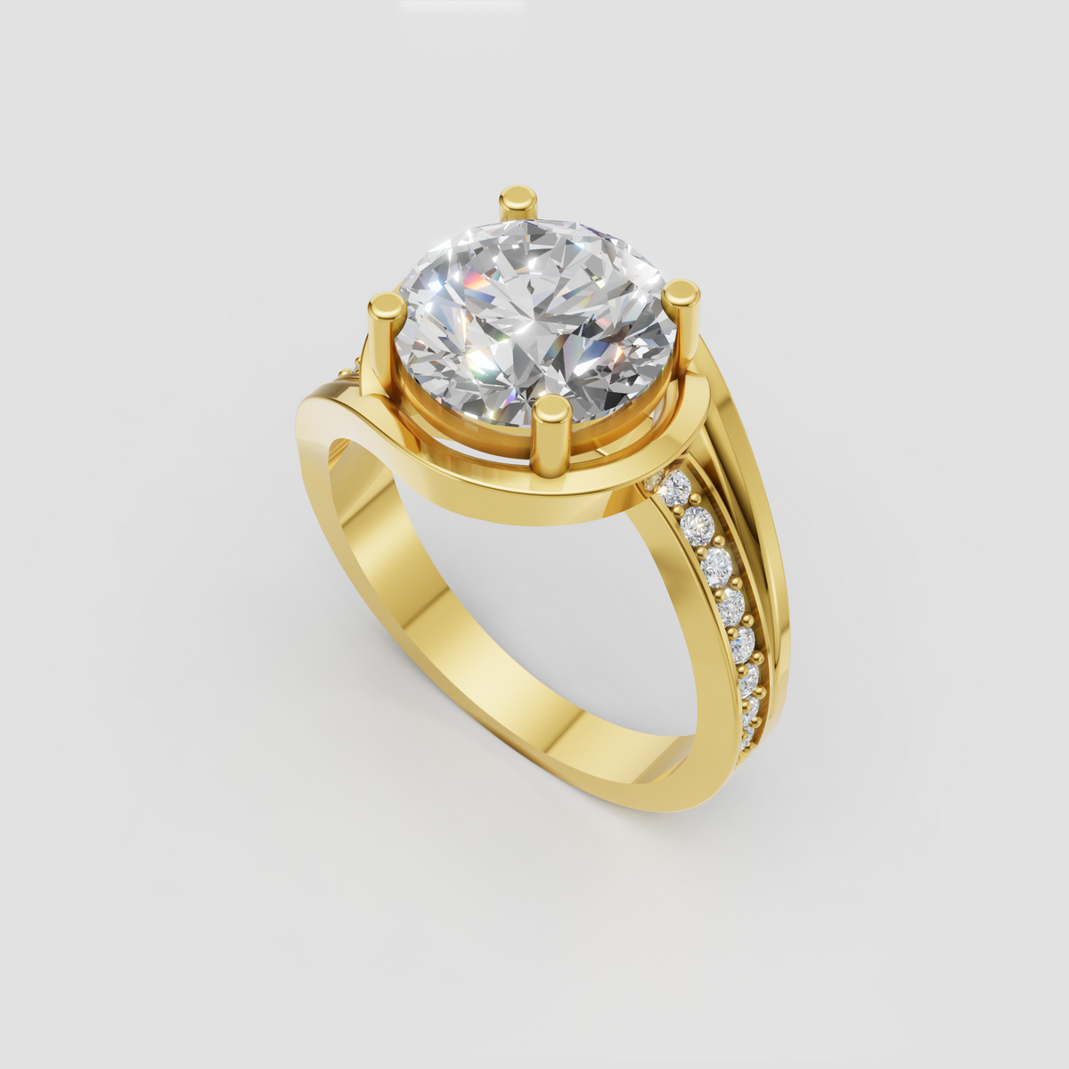 Round diamond ring featuring a brilliant canter stone and polished gold band