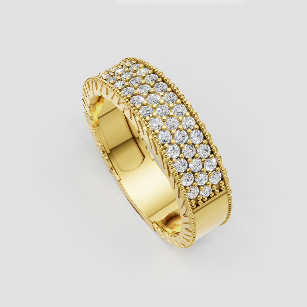 Wide round diamond pavé wedding band with milgrain borders