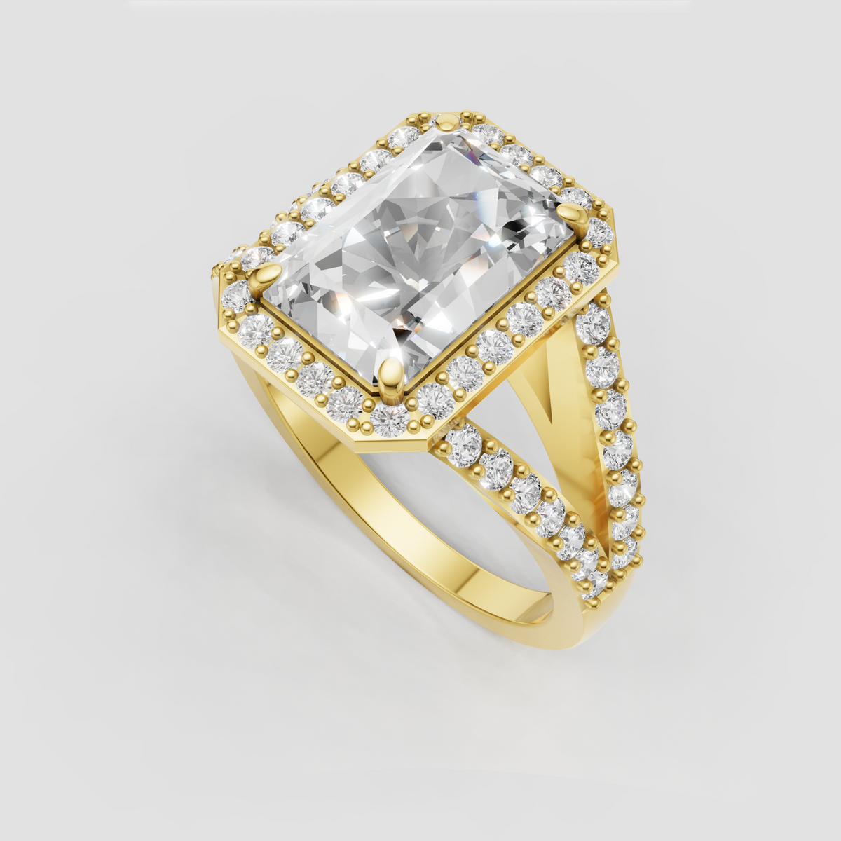 Radiant diamond engagement ring with sparkling halo setting