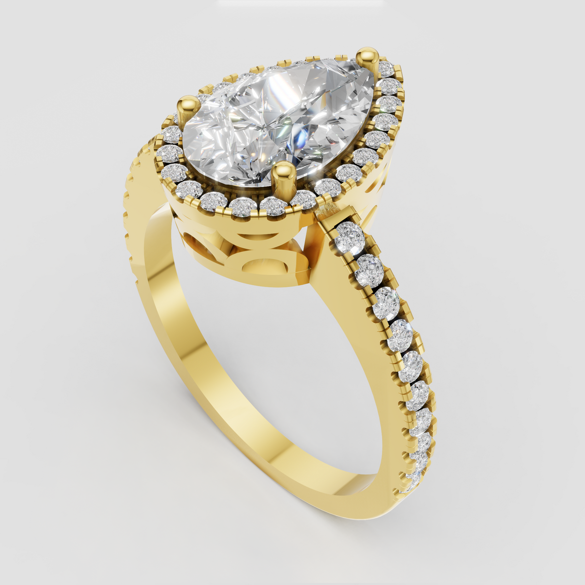 Pear diamond engagement ring with round diamond halo and pavé band