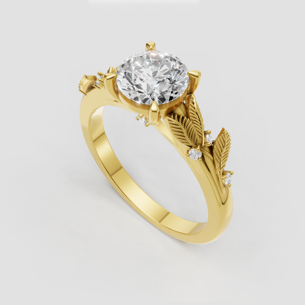 Round diamond flower inspired engagement ring in polished gold