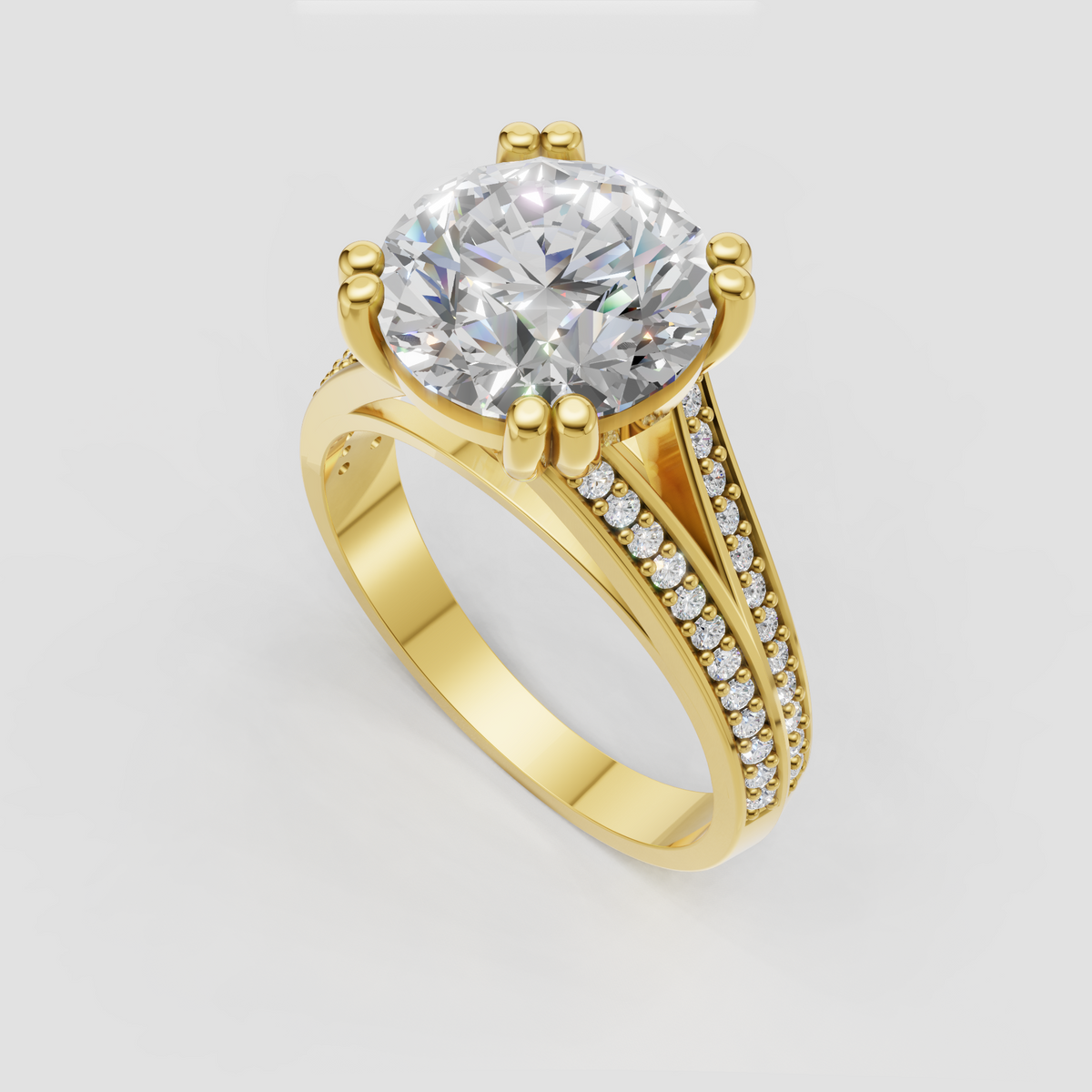 Round center diamond basket setting engagement ring with pavé band