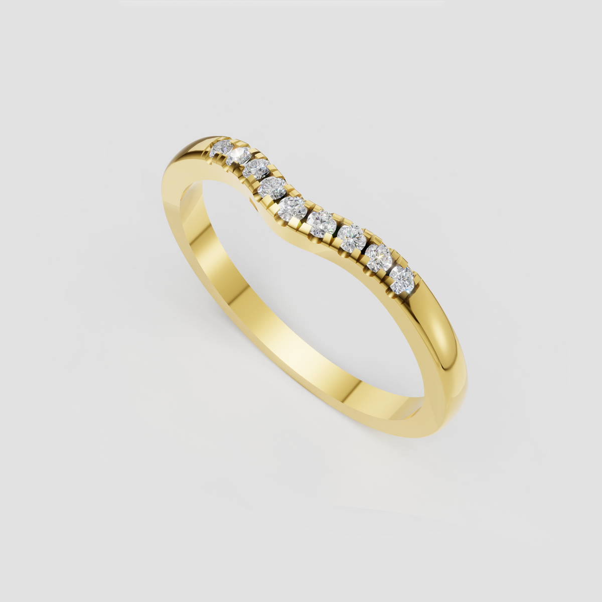 Yellow gold curved diamond band featuring round brilliant stones