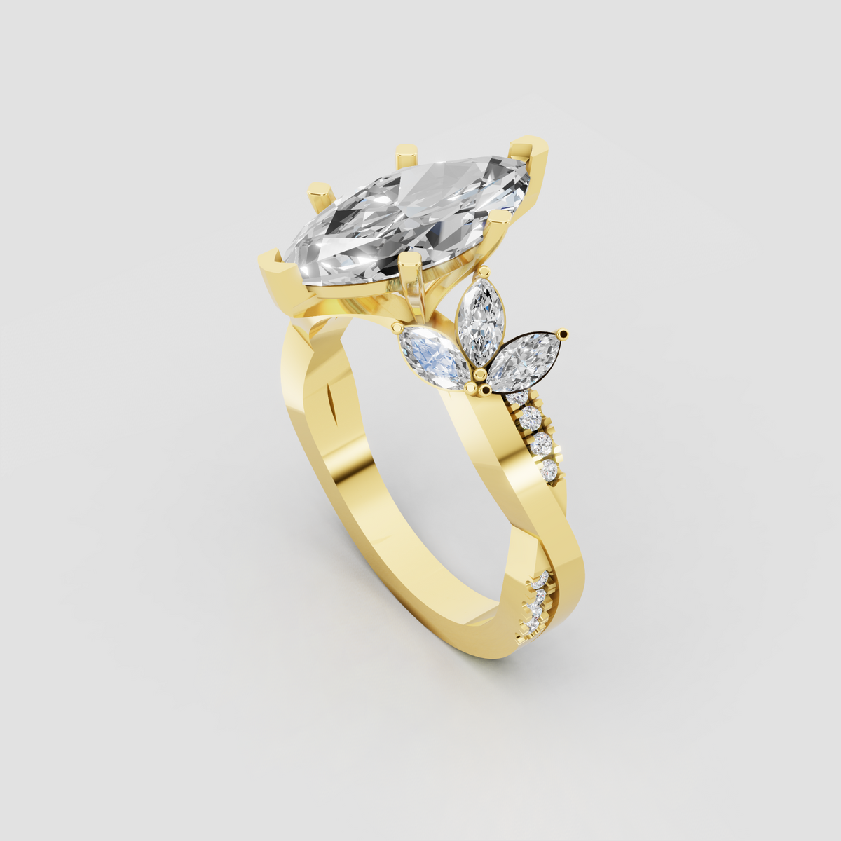 Marquise diamond engagement ring with floral-inspired accent stones