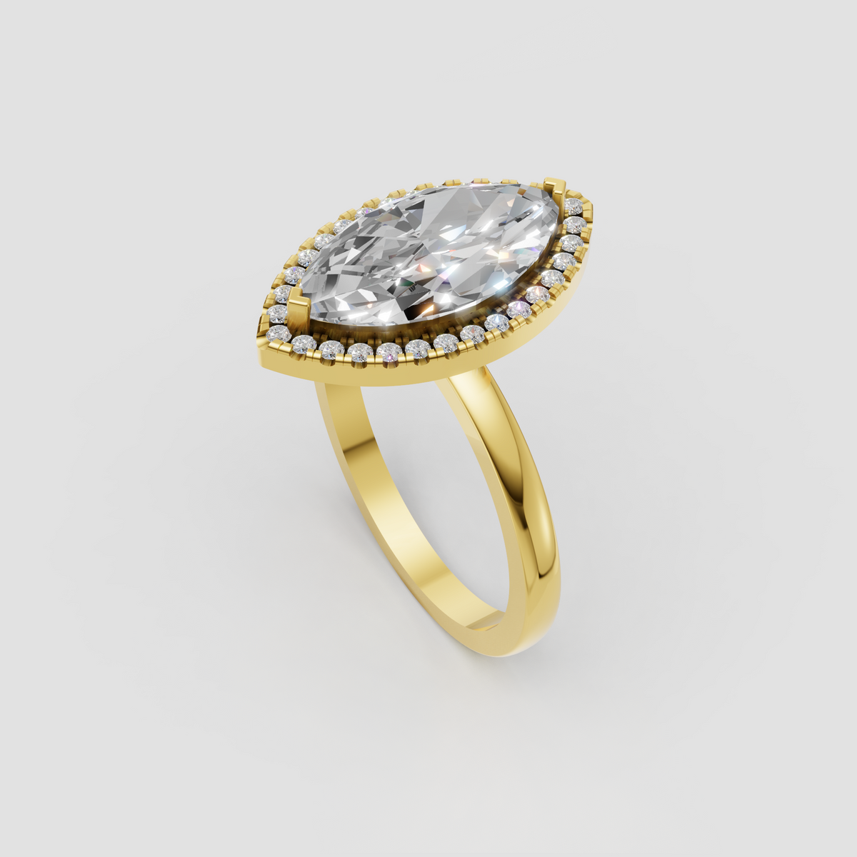 Marquise shaped diamond ring with sparkling halo setting