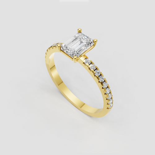 Emerald cut diamond ring featuring four-prong solitaire setting