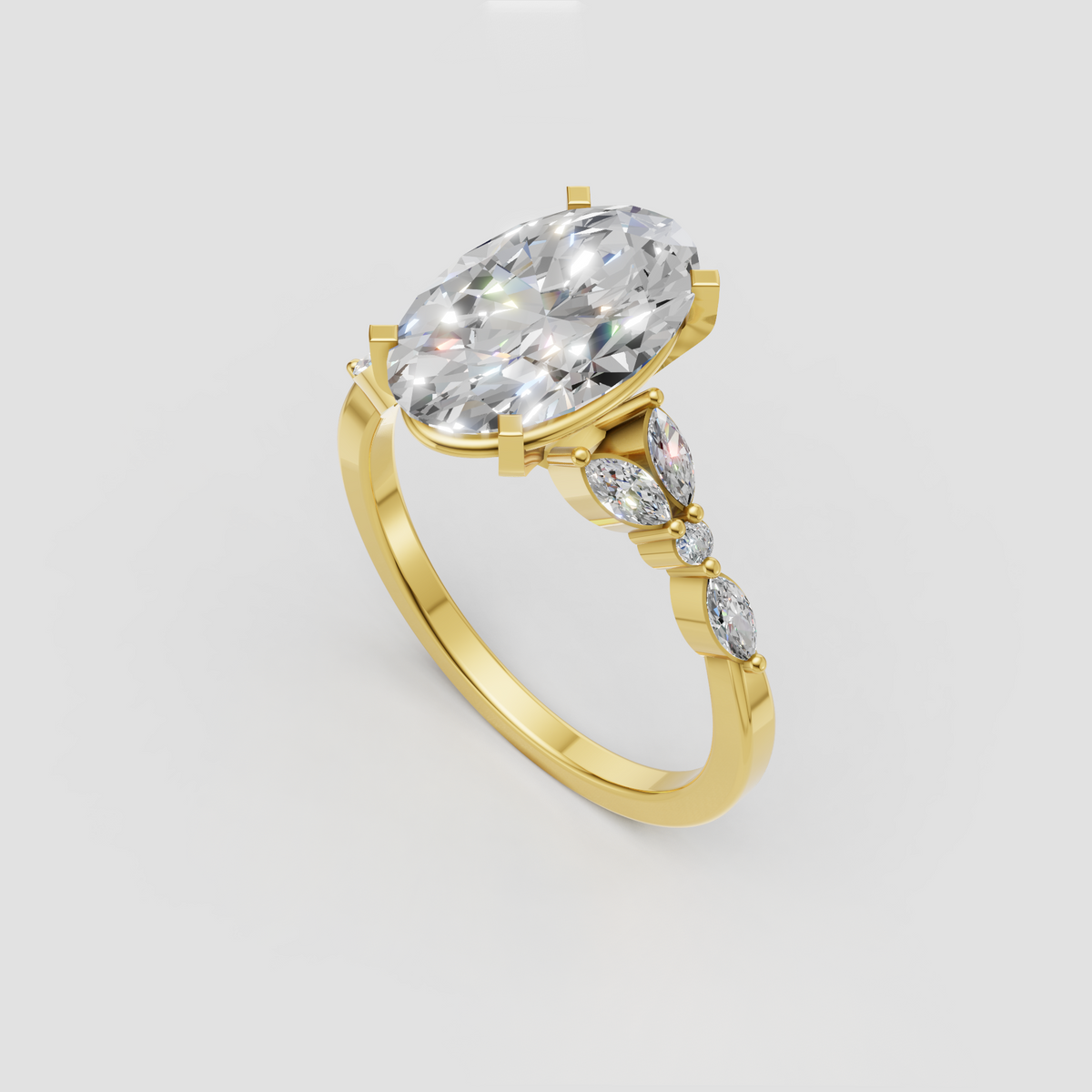 Oval cut diamond ring in polished yellow gold