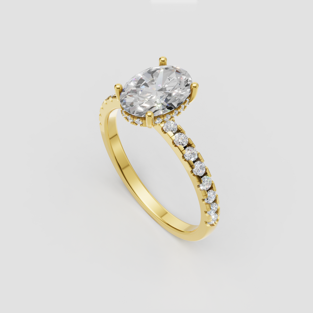 Oval diamond engagement ring with concealed halo setting