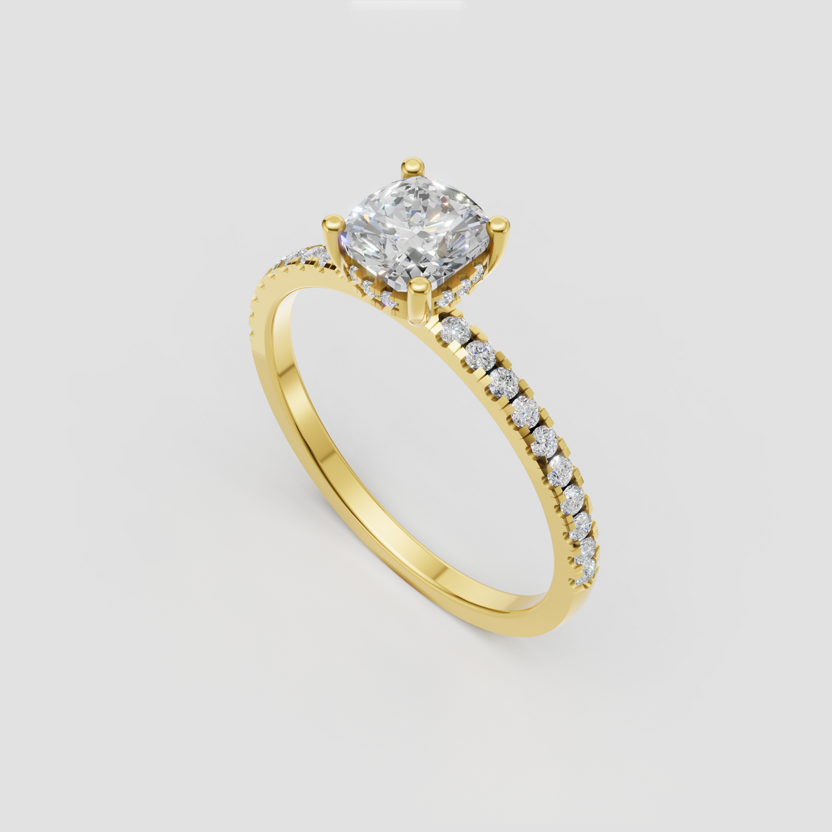 Cushion cut diamond ring with hidden halo and diamond pave band