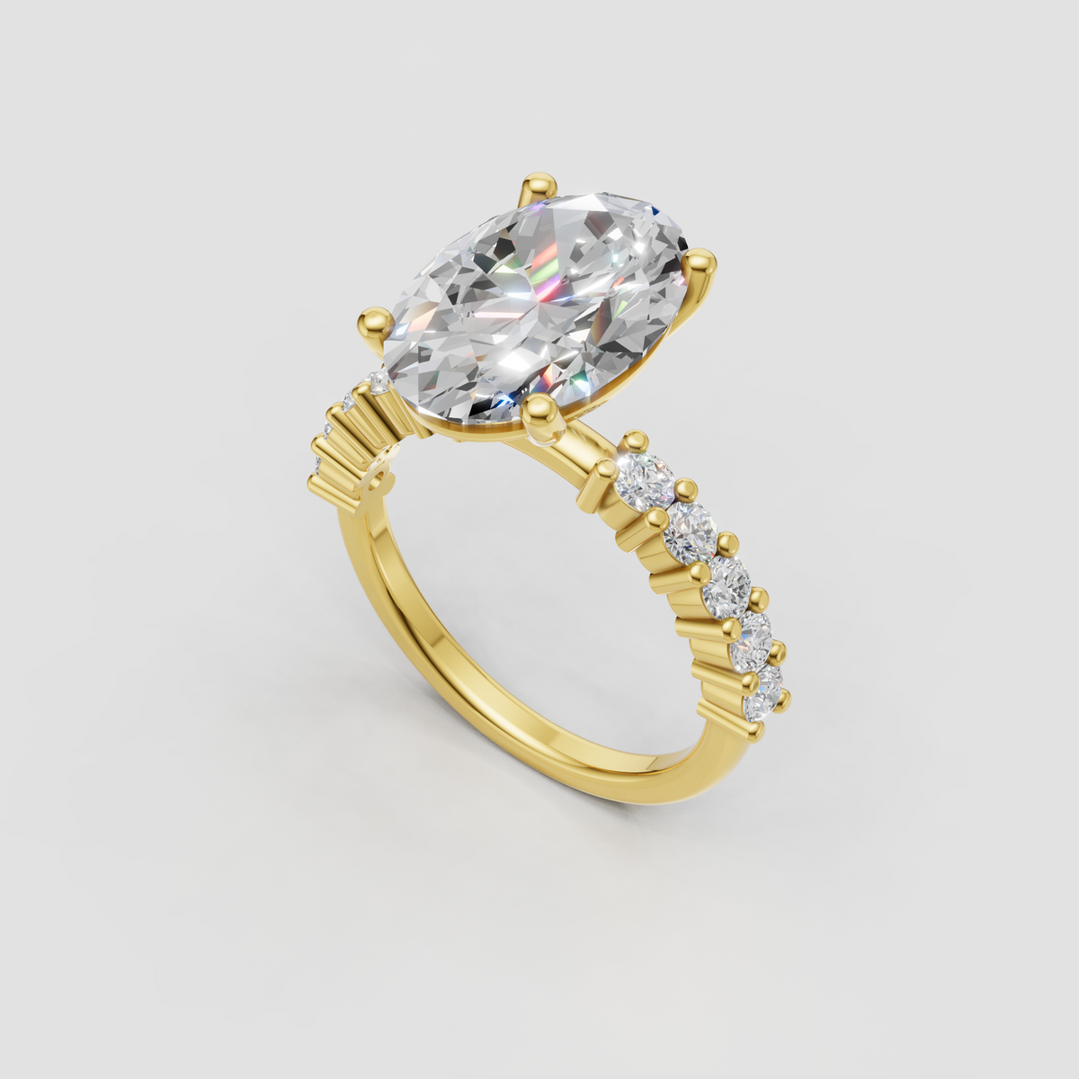 Oval cut diamond engagement ring with channel set baguette diamonds