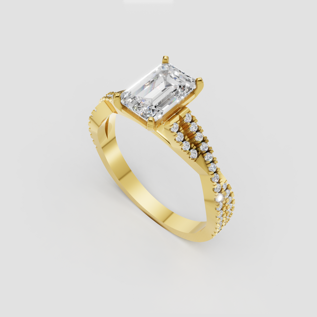 Yellow gold emerald cut diamond cathedral engagement ring