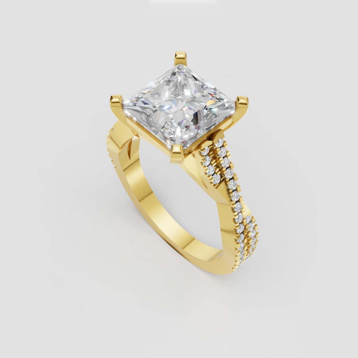 Square princess-cut diamond ring in polished yellow gold with pavé side stones