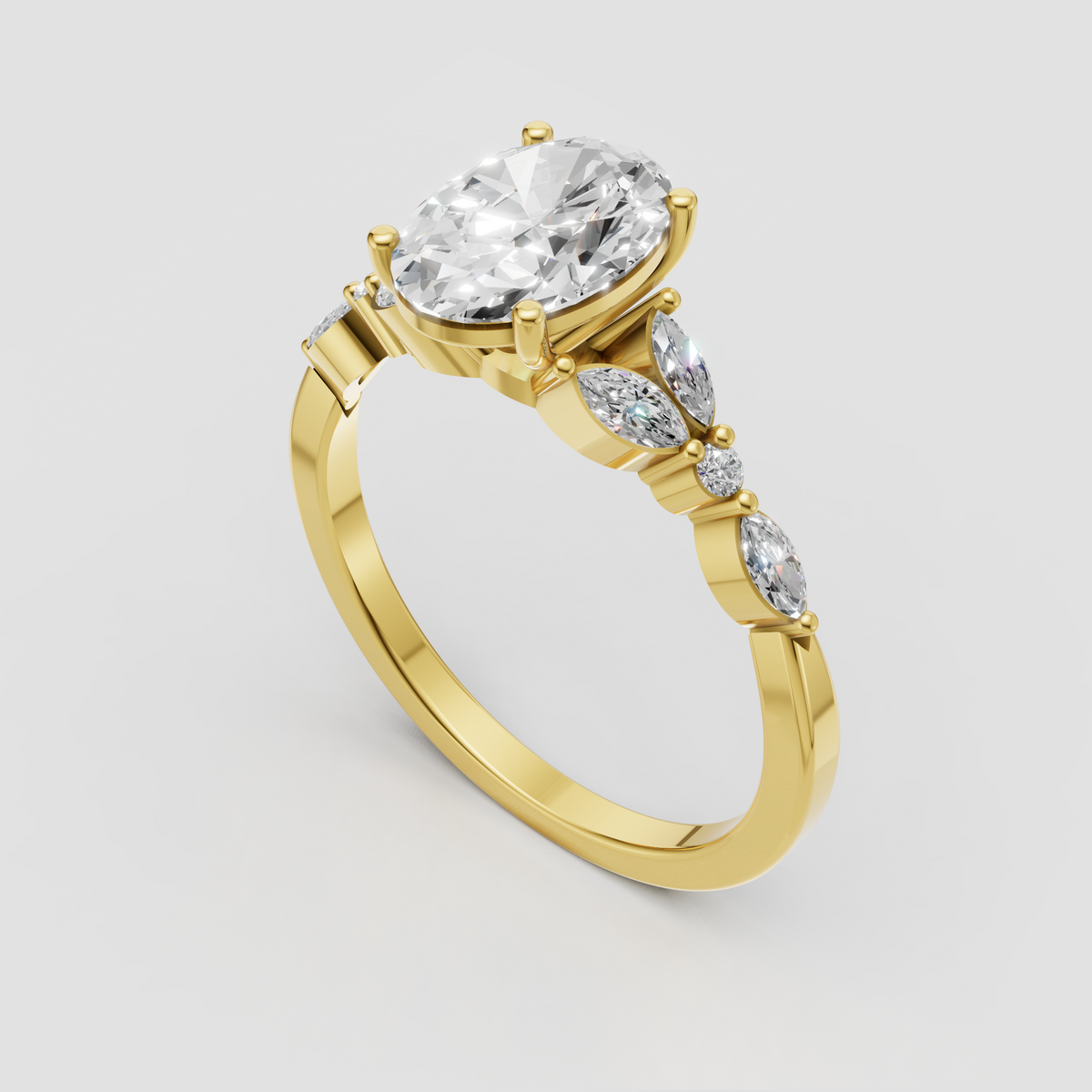 Oval diamond engagement ring with marquise side stones