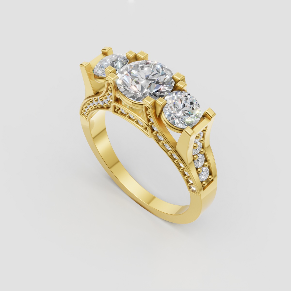 Round cut diamond three stone engagement ring with pavé band