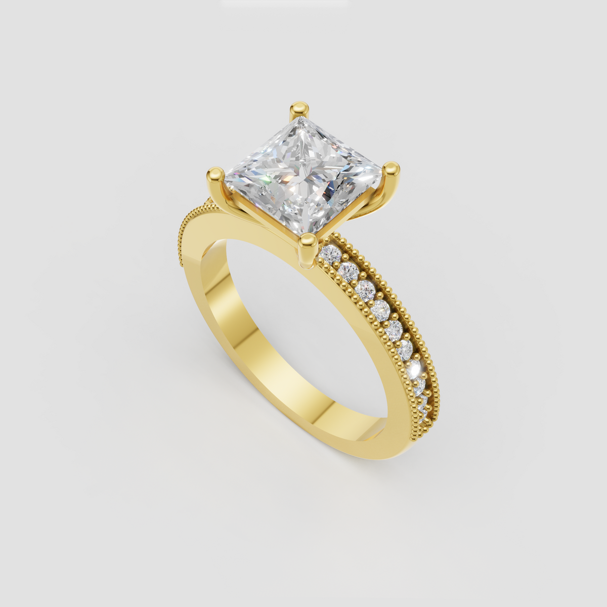 Four-prong princess diamond ring with pavé side stones and beaded edges