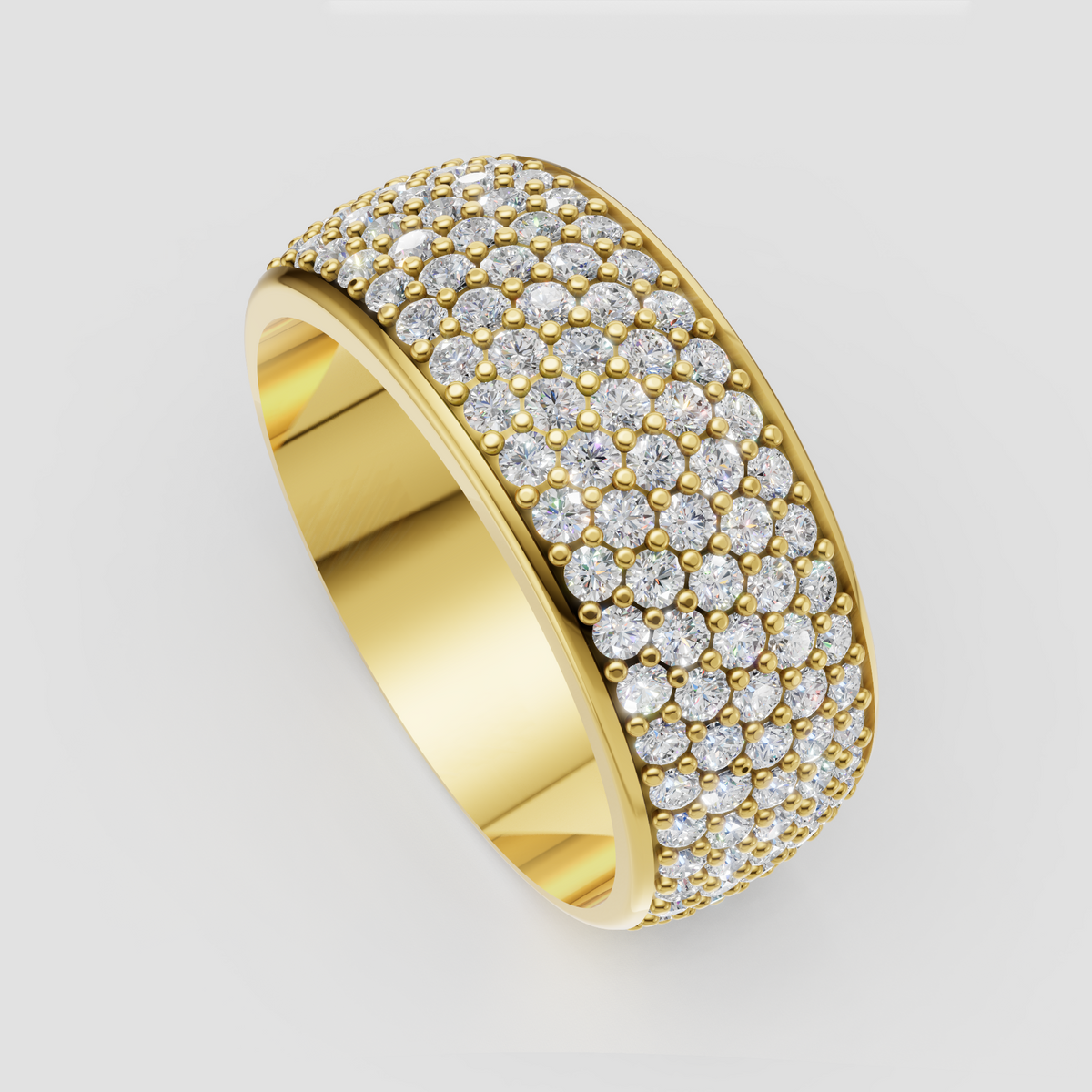 Wide yellow gold eternity ring featuring multiple rows of round diamond stones