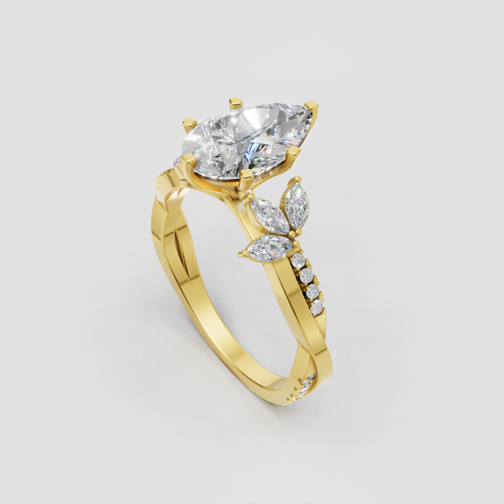 Pear shaped diamond ring with floral-inspired marquise side stones