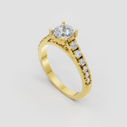 Yellow gold cushion diamond engagement ring with sparkling diamond shoulders