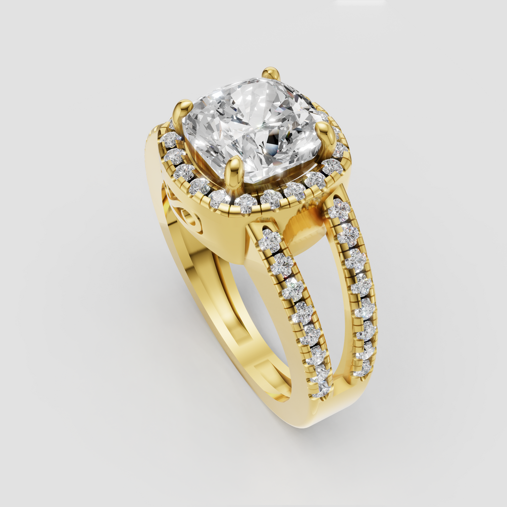 Yellow gold cushion diamond halo ring