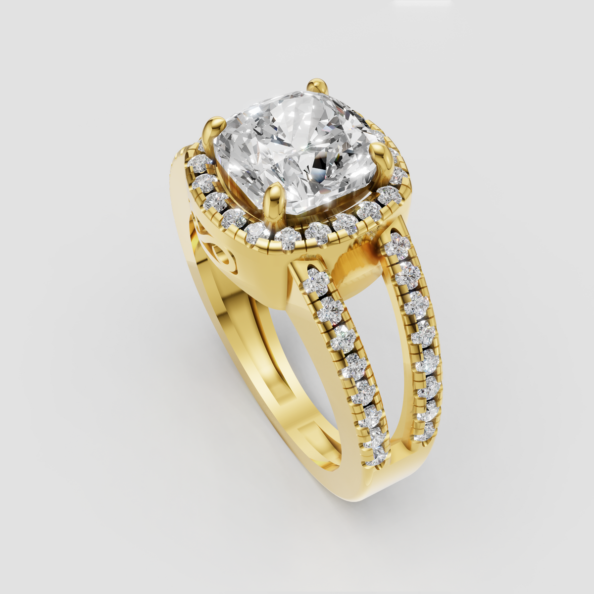Yellow gold cushion diamond halo ring
