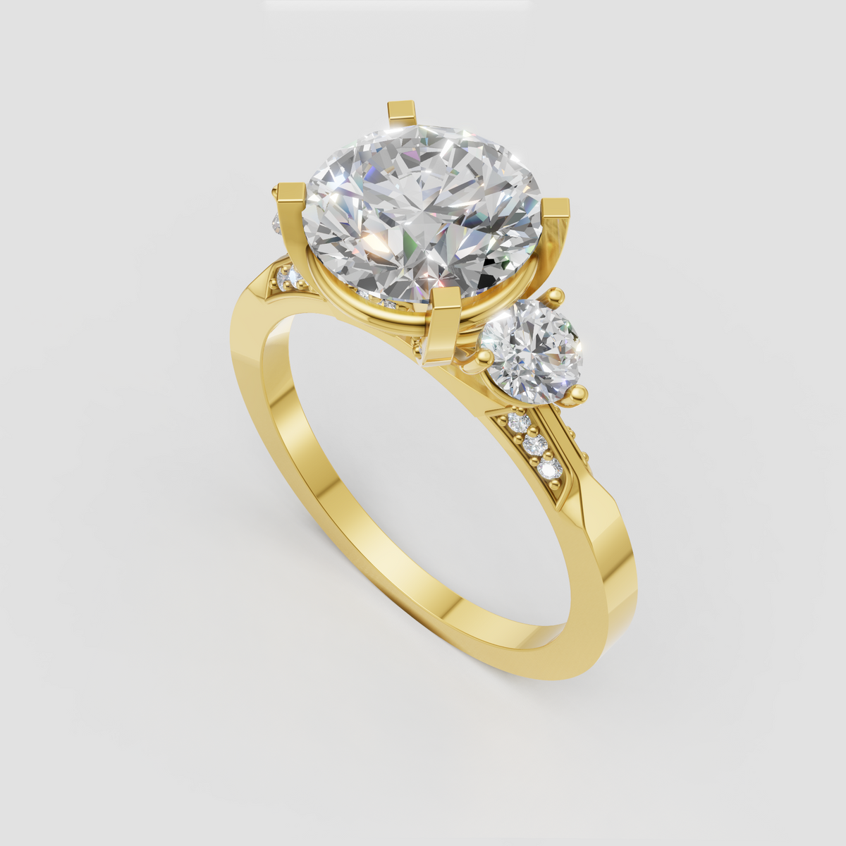 Three-stone round diamond engagement ring with sculpted prongs