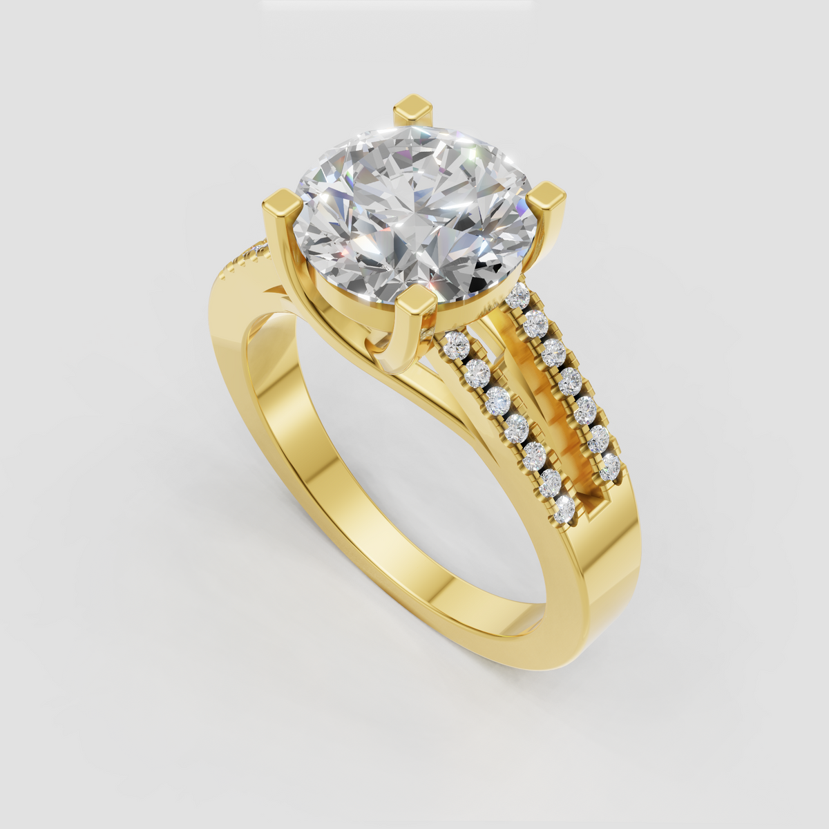 Round diamond engagement ring with double row pave shank